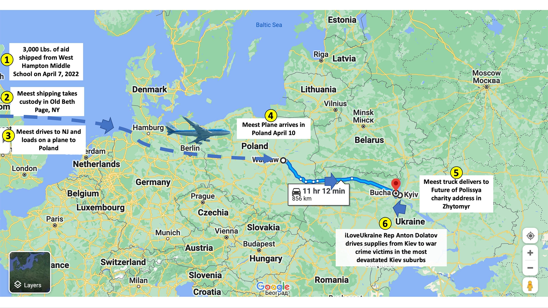 Map of iLoveUkraine shipping route to Bucha, Ukraine war crime victims.